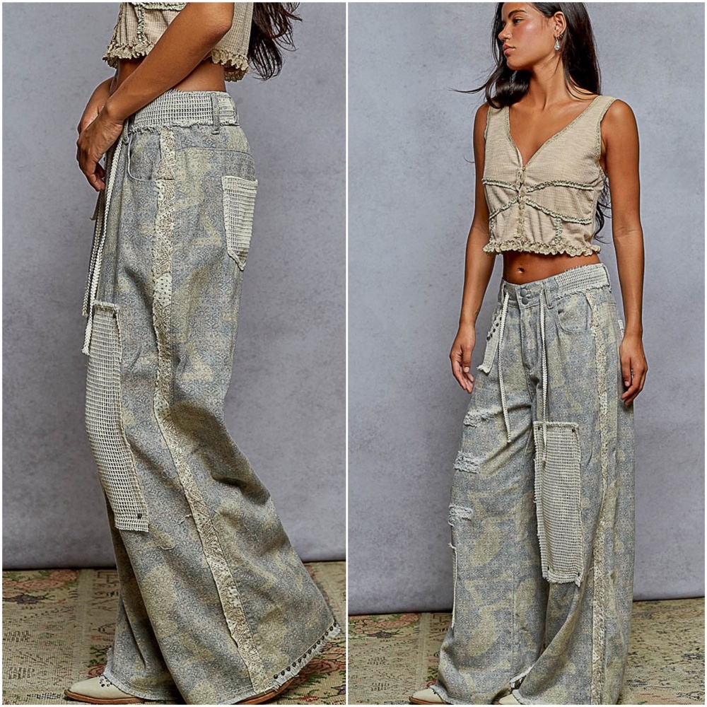 POL Camo Floral Print Distressed Stretchy Waist Wide leg Cotton Pants - Picture 2 of 3